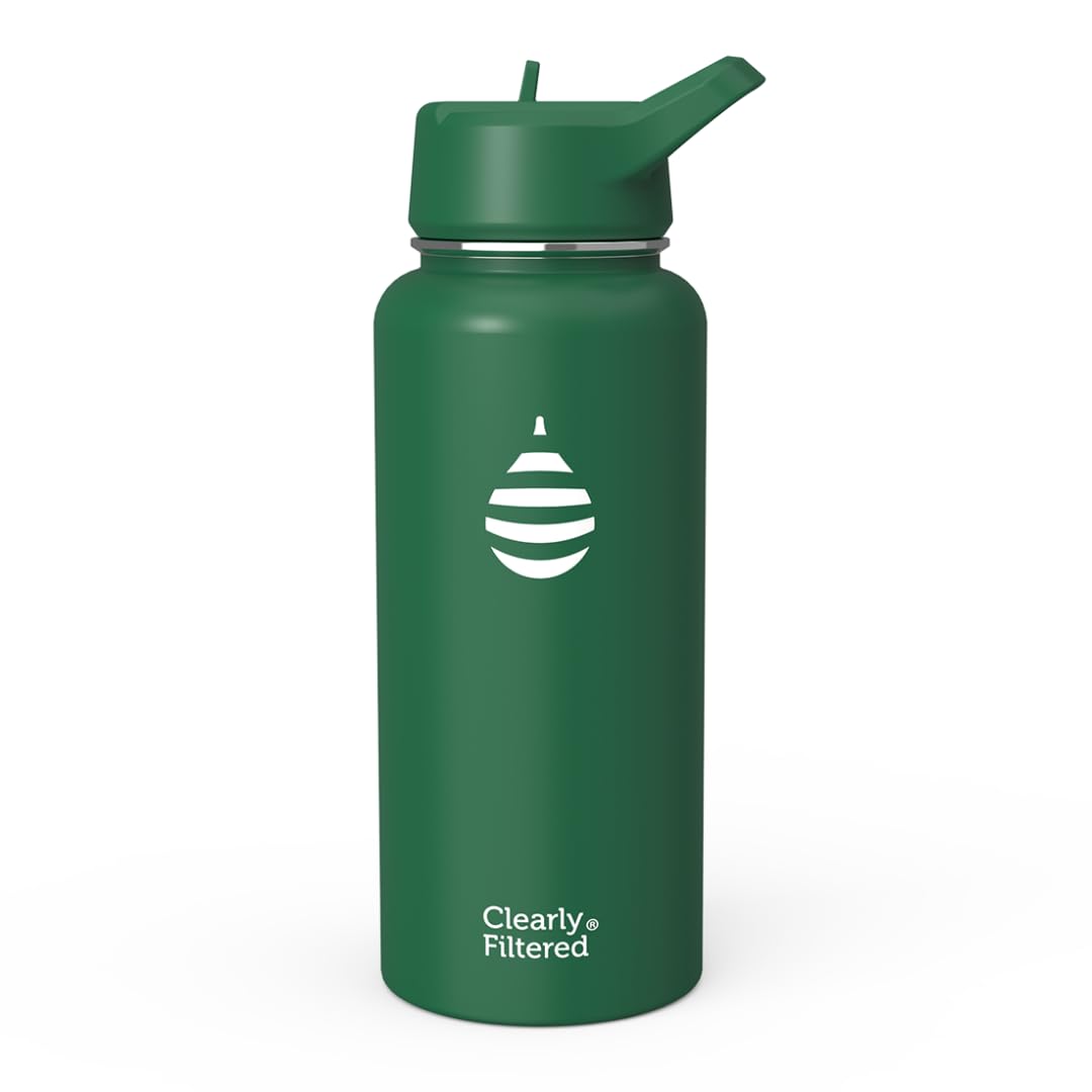 Clearly Filtered Water Bottle | Removes 200+ Contaminants, Double-Wall Insulated Stainless Steel, BPA/BPS Free, Phthalate Free, Filters Flouride Lead Chlorine (32oz, Crimson)