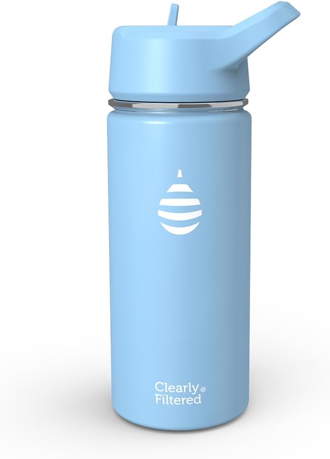 Clearly Filtered Water Bottle | Removes 200+ Contaminants, Double-Wall Insulated Stainless Steel, BPA/BPS Free, Phthalate Free, Filters Flouride Lead Chlorine (16oz, Sky Blue)
