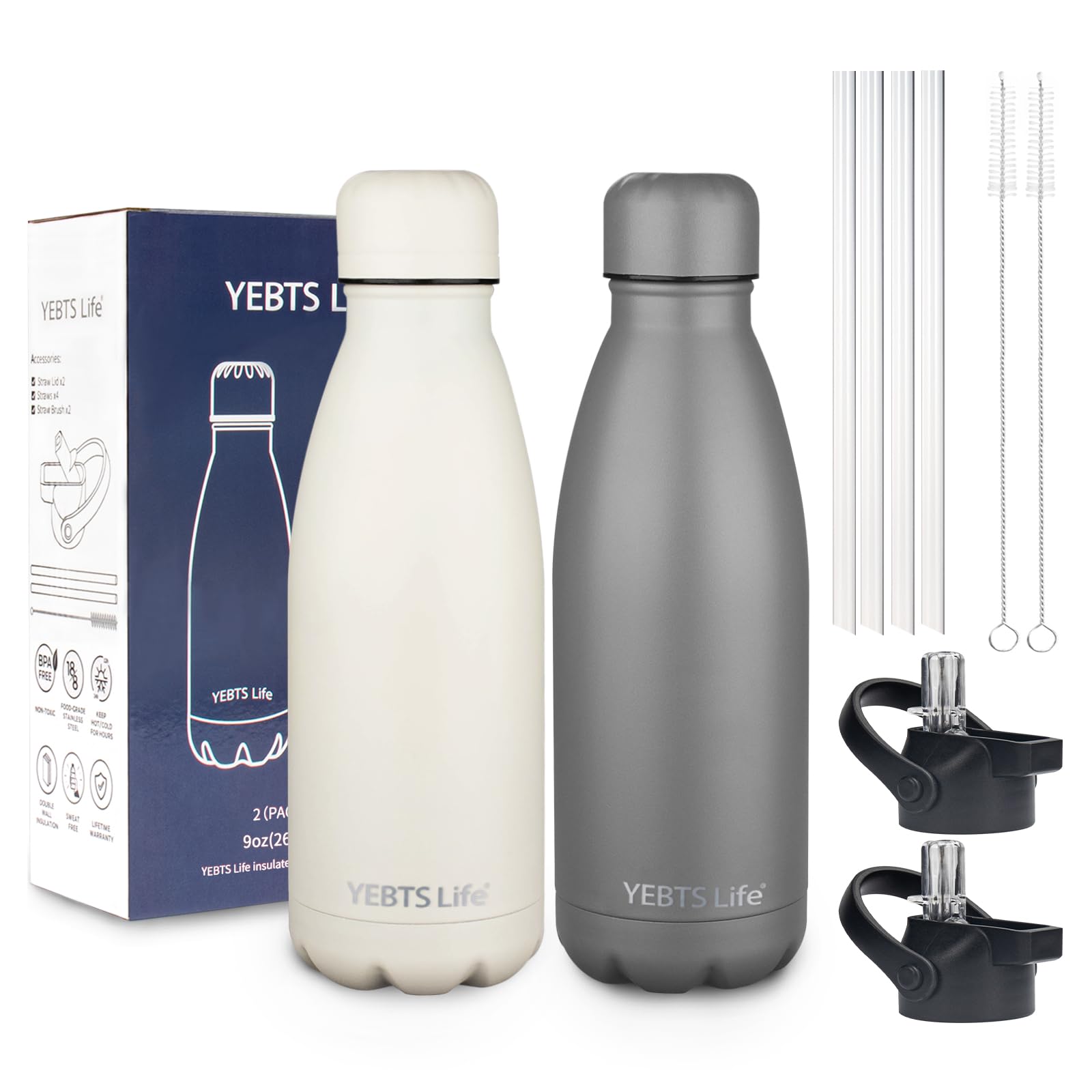 Insulated Water Bottle,12oz Stainless Steel Water Bottles with straw lid,Metal Sports Water Bottles for Boys,Girls,Double Wall Vacuum BPA-Free Flask for School, Sports & Travel-Sliver