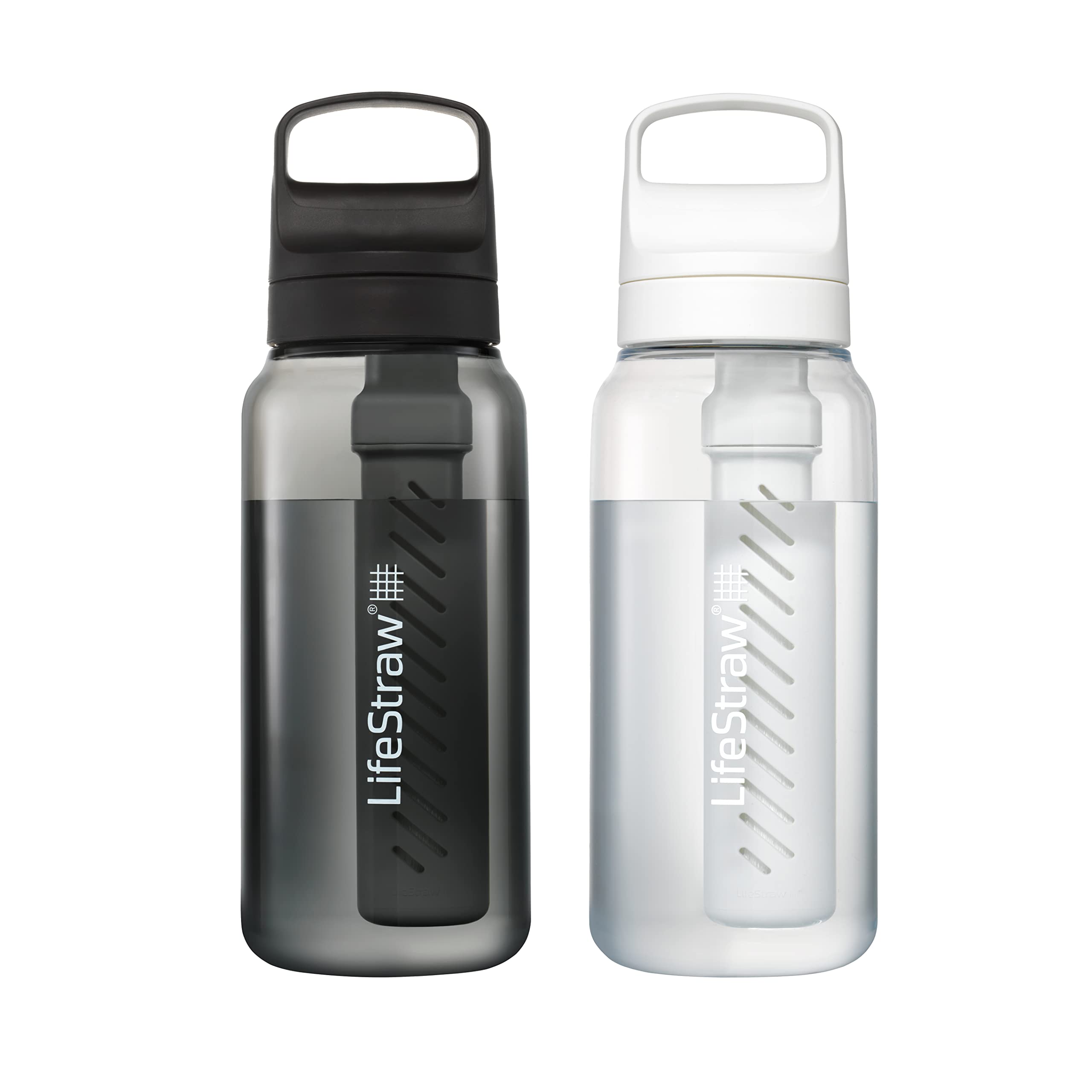 LifeStraw Go Series, BPA-Free Water Bottle for Travel and Everyday Use Removes Bacteria, Parasites, Microplastics, Improves Taste, 22oz 2-Pack; Icelandic Blue and Aegean Sea