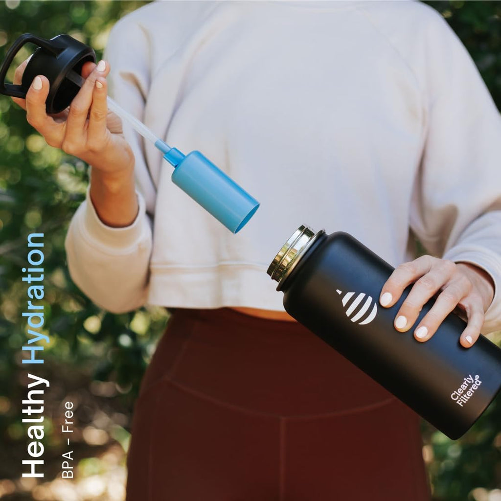 Clearly Filtered Water Bottle | Removes 200+ Contaminants, Double-Wall Insulated Stainless Steel, BPA/BPS Free, Phthalate Free, Filters Flouride Lead Chlorine (32oz, Crimson)