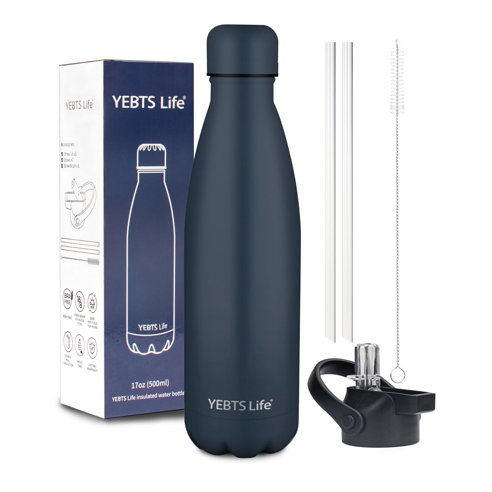 Insulated Water Bottle,12oz Stainless Steel Water Bottles with straw lid,Metal Sports Water Bottles for Boys,Girls,Double Wall Vacuum BPA-Free Flask for School, Sports & Travel-Sliver