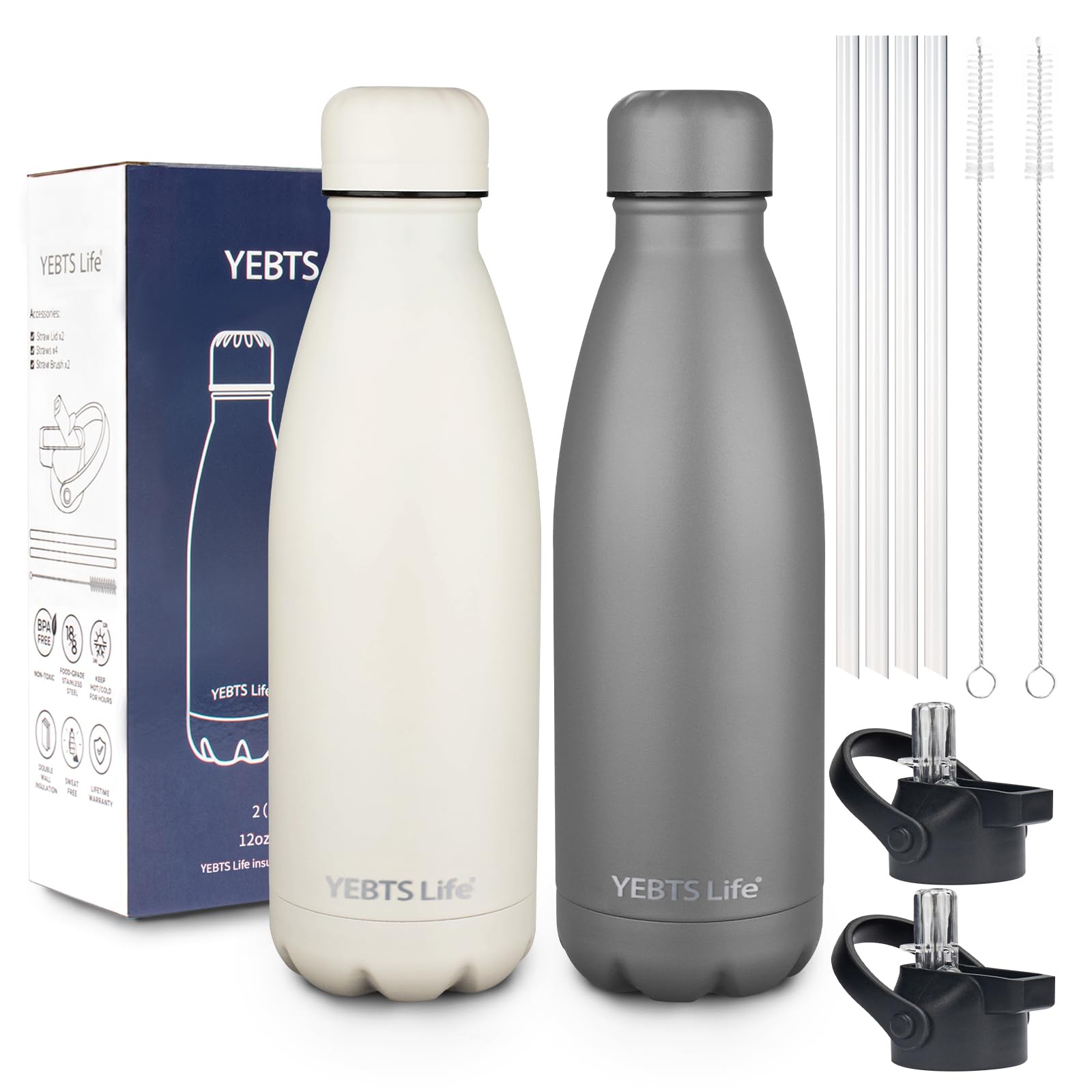 Insulated Water Bottle,12oz Stainless Steel Water Bottles with straw lid,Metal Sports Water Bottles for Boys,Girls,Double Wall Vacuum BPA-Free Flask for School, Sports & Travel-Sliver