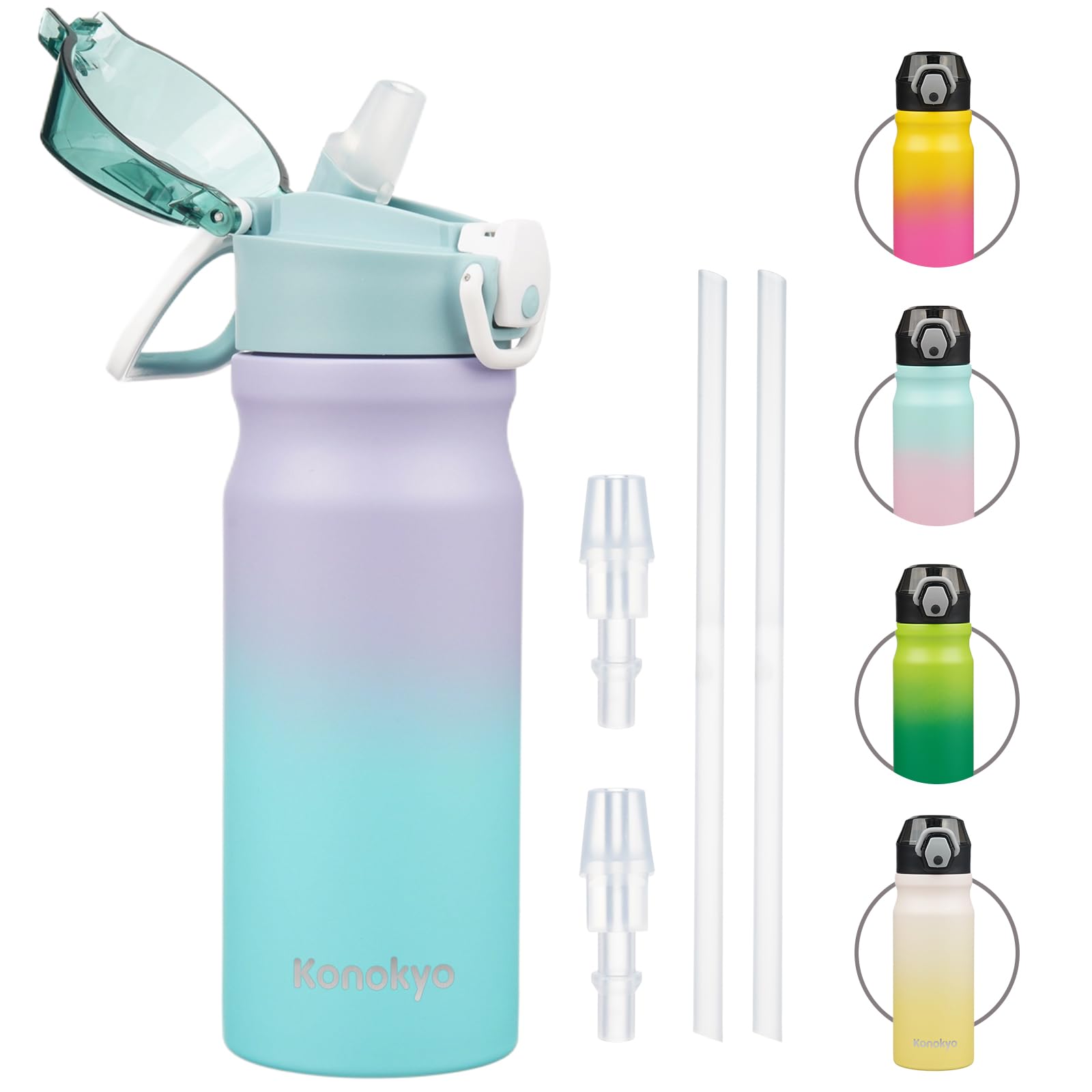 Insulated Water Bottle with Straw and Carry Loop,18 oz Stainless Steel Double Wall Vaccum Metal Water Flask with Leak-proof Lid,Rainbow