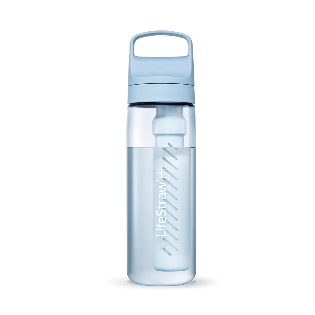 LifeStraw Go Series, BPA-Free Water Bottle for Travel and Everyday Use Removes Bacteria, Parasites, Microplastics, Improves Taste, 22oz 2-Pack; Icelandic Blue and Aegean Sea