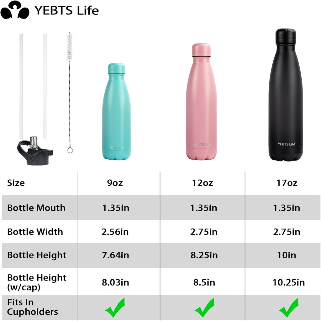 Insulated Water Bottle,12oz Stainless Steel Water Bottles with straw lid,Metal Sports Water Bottles for Boys,Girls,Double Wall Vacuum BPA-Free Flask for School, Sports & Travel-Sliver