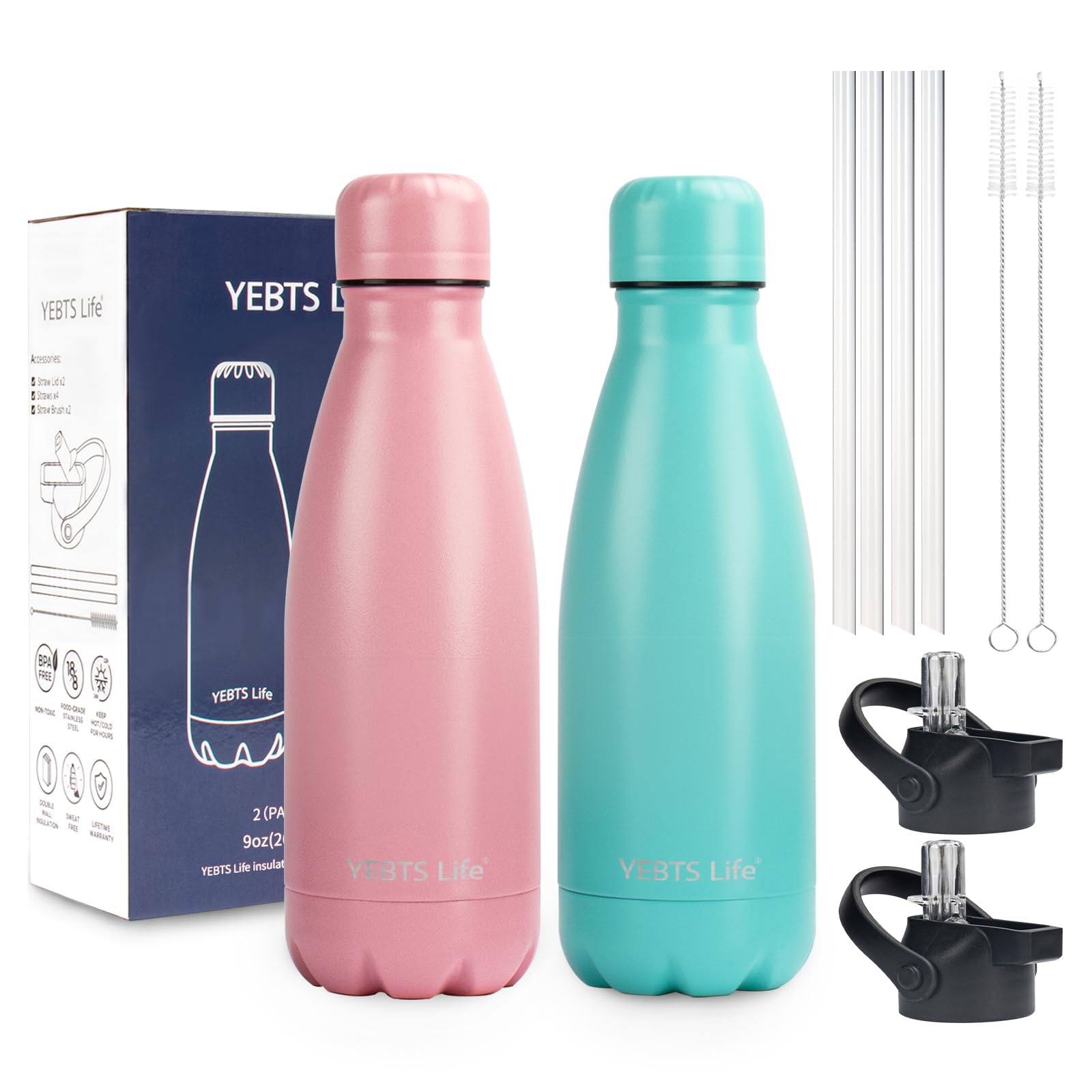 Insulated Water Bottle,12oz Stainless Steel Water Bottles with straw lid,Metal Sports Water Bottles for Boys,Girls,Double Wall Vacuum BPA-Free Flask for School, Sports & Travel-Sliver
