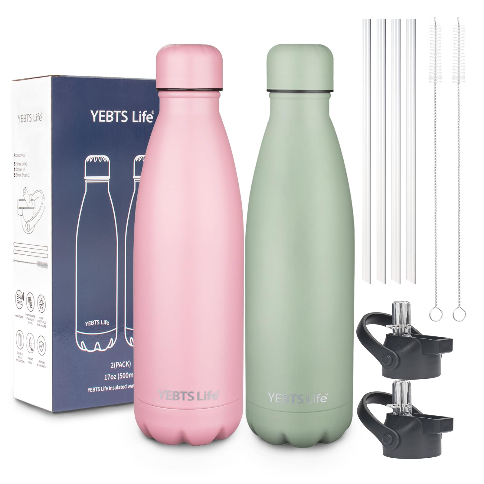 Insulated Water Bottle,12oz Stainless Steel Water Bottles with straw lid,Metal Sports Water Bottles for Boys,Girls,Double Wall Vacuum BPA-Free Flask for School, Sports & Travel-Sliver