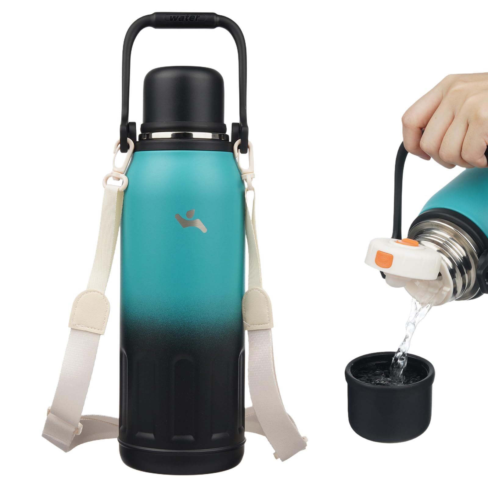 Insulated Water Bottle with Handle and Strap,Vacuum Travel Tumbler with Cup Lid,Thermo Coffee Cup for Hot Cold Drinks 27 OZ,Blue Haze