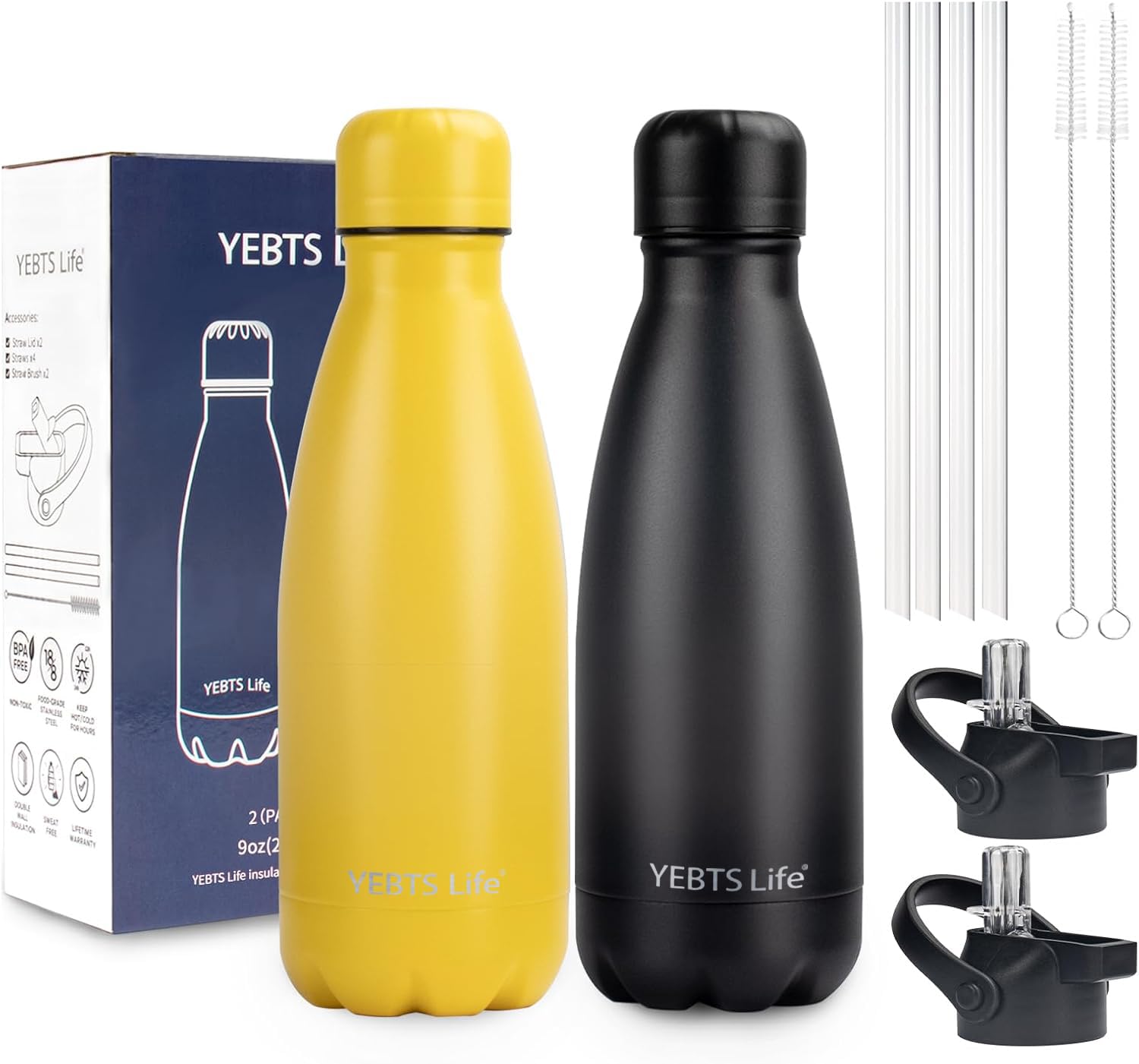 Insulated Water Bottle,12oz Stainless Steel Water Bottles with straw lid,Metal Sports Water Bottles for Boys,Girls,Double Wall Vacuum BPA-Free Flask for School, Sports & Travel-Sliver