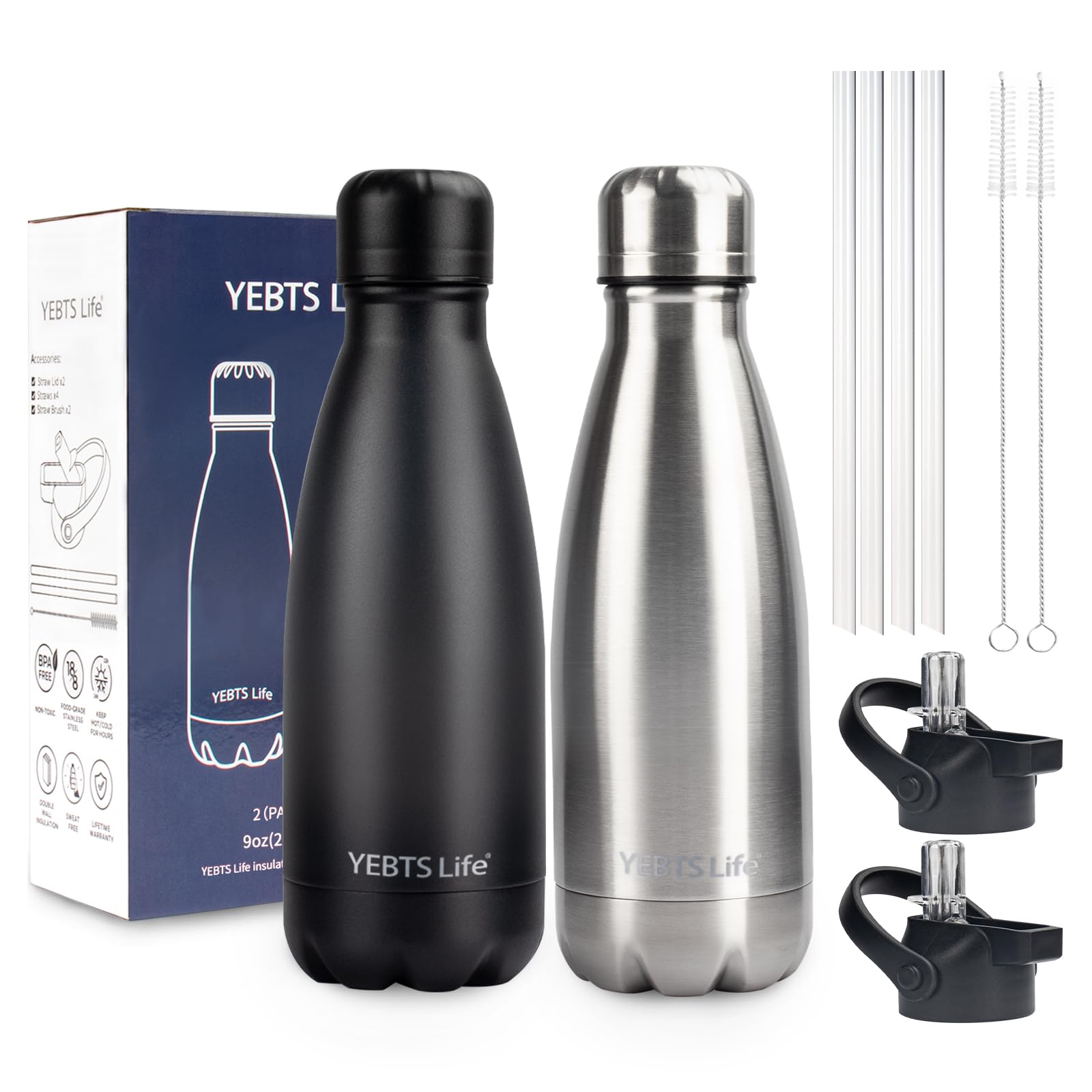 Insulated Water Bottle,12oz Stainless Steel Water Bottles with straw lid,Metal Sports Water Bottles for Boys,Girls,Double Wall Vacuum BPA-Free Flask for School, Sports & Travel-Sliver
