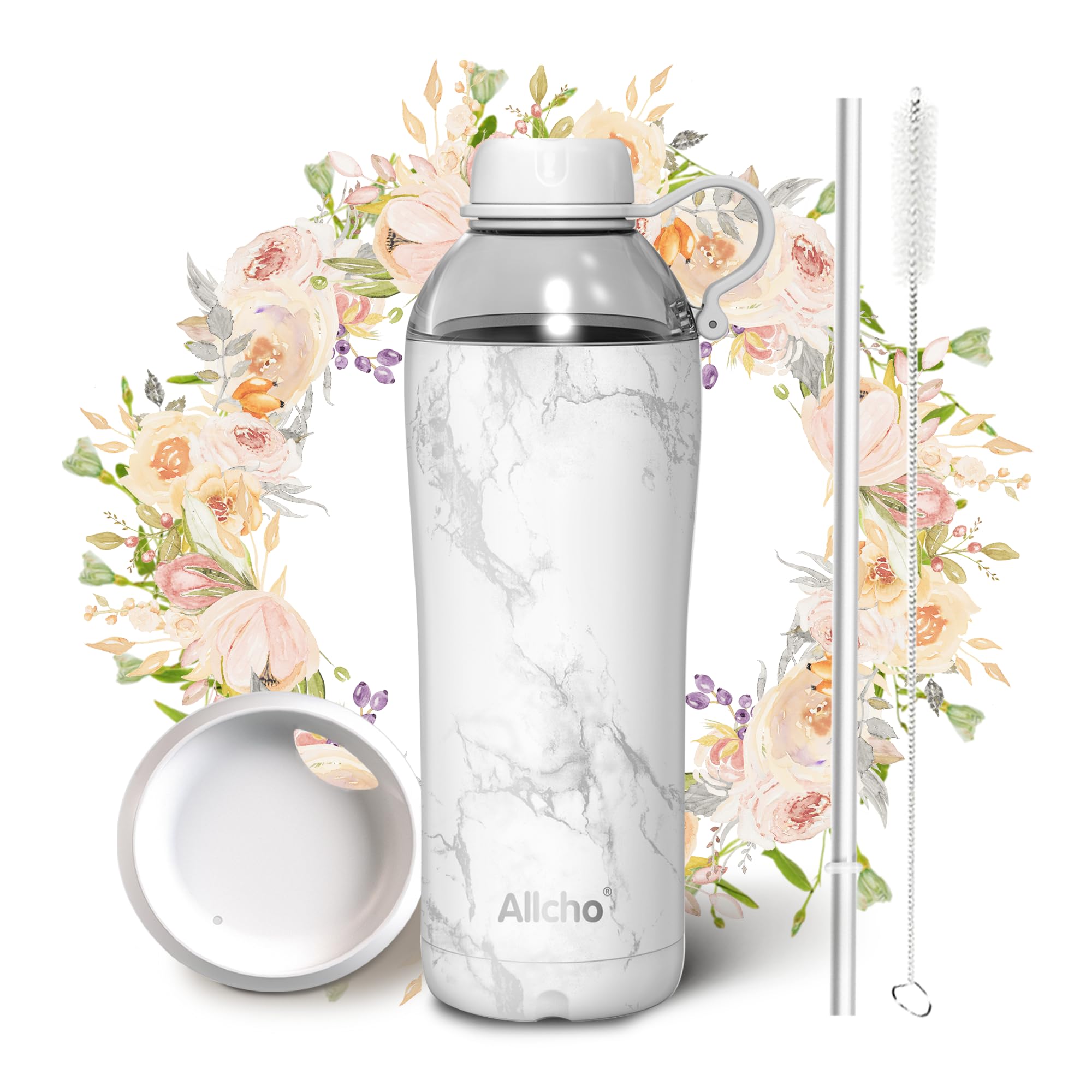 Insulated Water Bottle for Women, 24 oz Stainless Steel Water Bottles, Double Walled, 2 Lids (Chug & Tumbler) - Hydrate & Caffeinate,Available Gift Wrapping