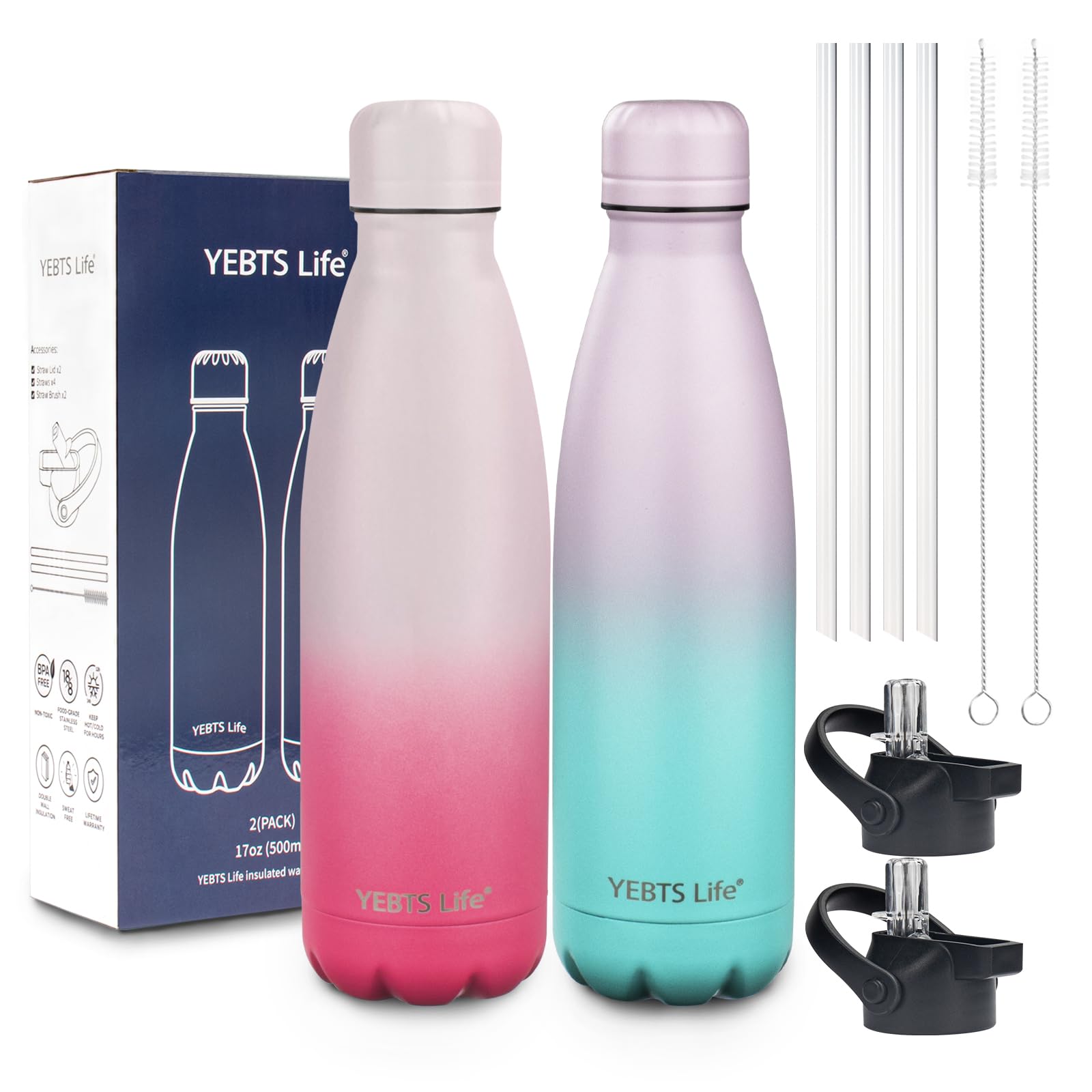 Insulated Water Bottle,12oz Stainless Steel Water Bottles with straw lid,Metal Sports Water Bottles for Boys,Girls,Double Wall Vacuum BPA-Free Flask for School, Sports & Travel-Sliver