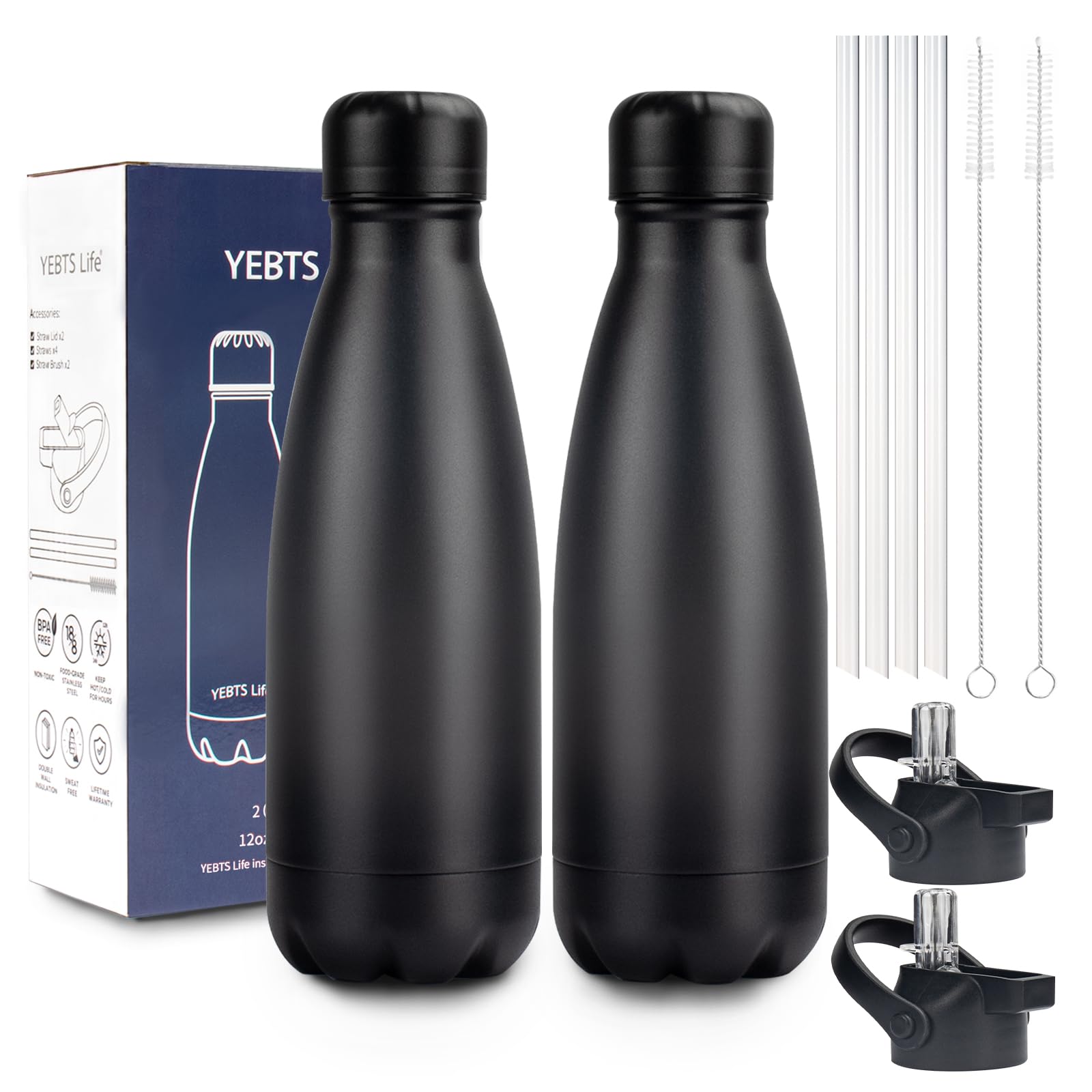 Insulated Water Bottle,12oz Stainless Steel Water Bottles with straw lid,Metal Sports Water Bottles for Boys,Girls,Double Wall Vacuum BPA-Free Flask for School, Sports & Travel-Sliver