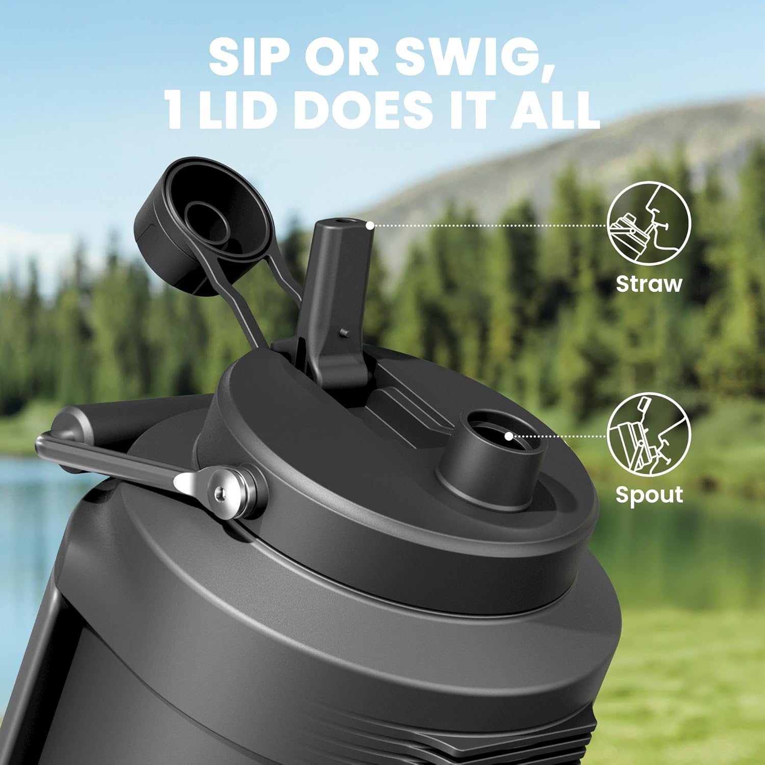 1 Gallon Insulated Water Bottle for Sports: Meoky 128 oz Triple Wall Vacuum Stainless Steel Water Jug - Top and Side Handles, Cold for 48 Hrs, 2-in-1 Straw and Spout Lid, Leak Proof for Hiking (Night)