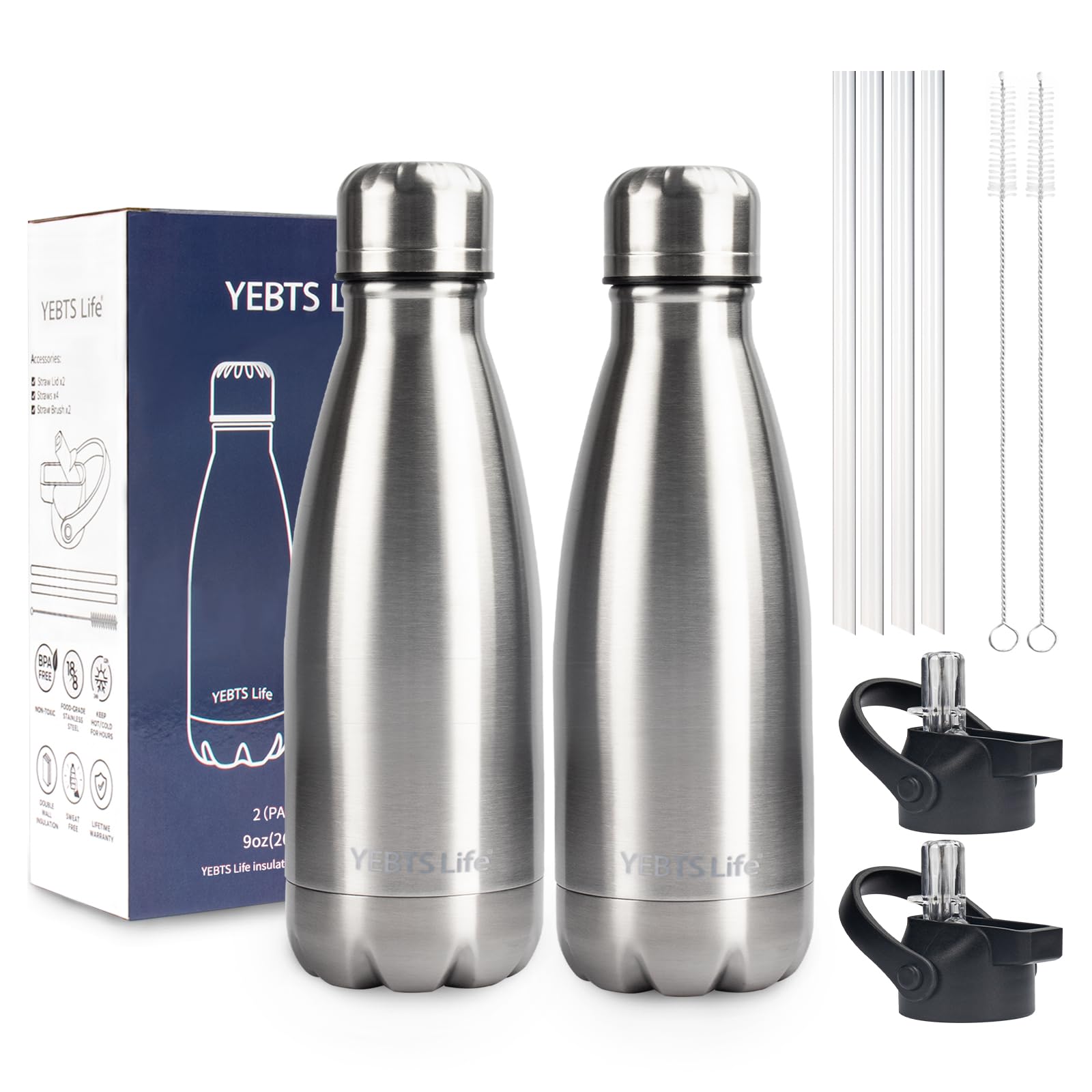 Insulated Water Bottle,12oz Stainless Steel Water Bottles with straw lid,Metal Sports Water Bottles for Boys,Girls,Double Wall Vacuum BPA-Free Flask for School, Sports & Travel-Sliver