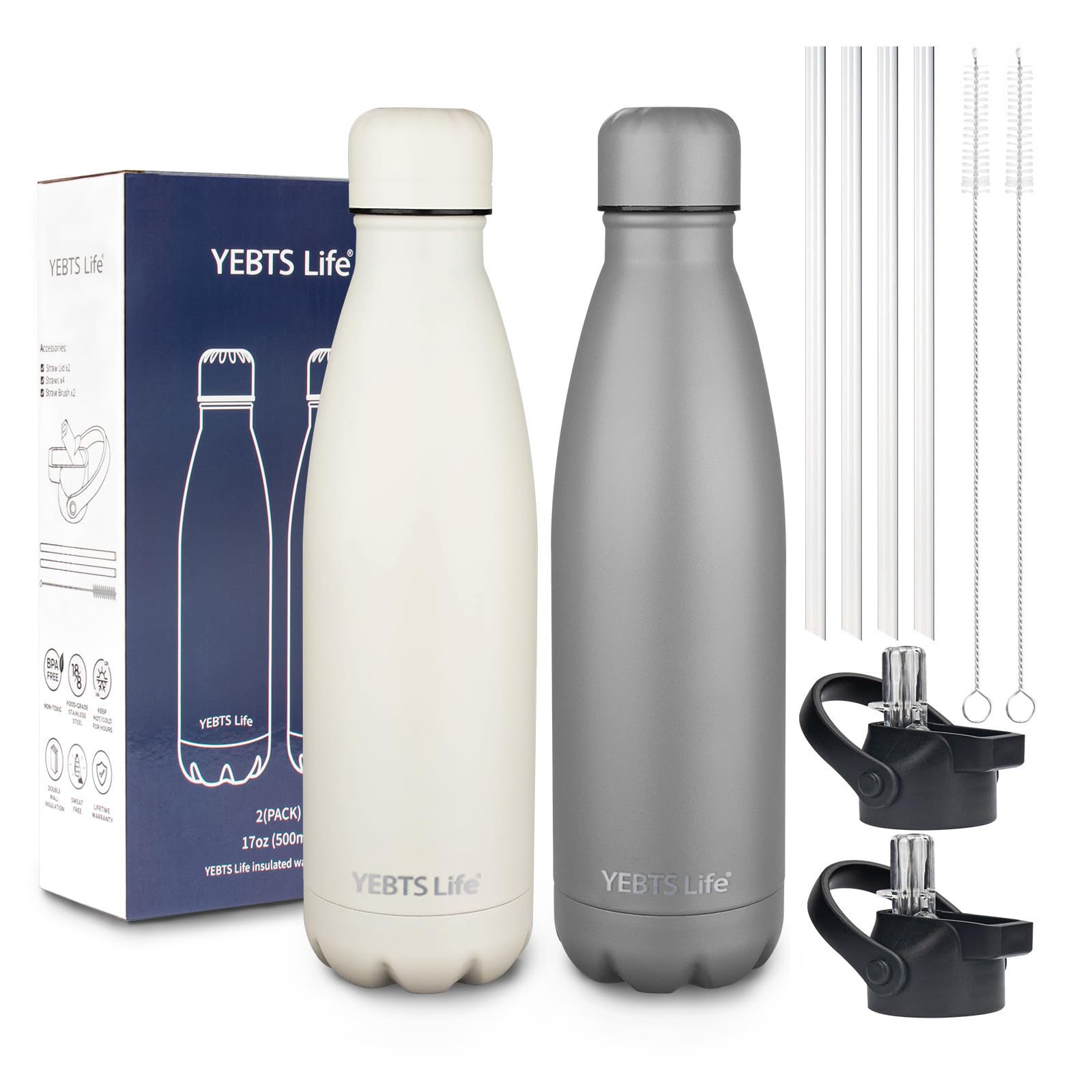 Insulated Water Bottle,12oz Stainless Steel Water Bottles with straw lid,Metal Sports Water Bottles for Boys,Girls,Double Wall Vacuum BPA-Free Flask for School, Sports & Travel-Sliver