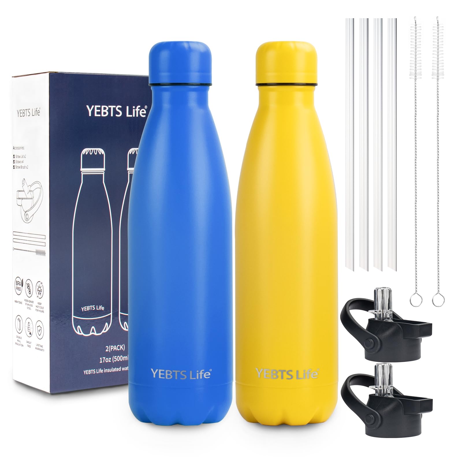 Insulated Water Bottle,12oz Stainless Steel Water Bottles with straw lid,Metal Sports Water Bottles for Boys,Girls,Double Wall Vacuum BPA-Free Flask for School, Sports & Travel-Sliver