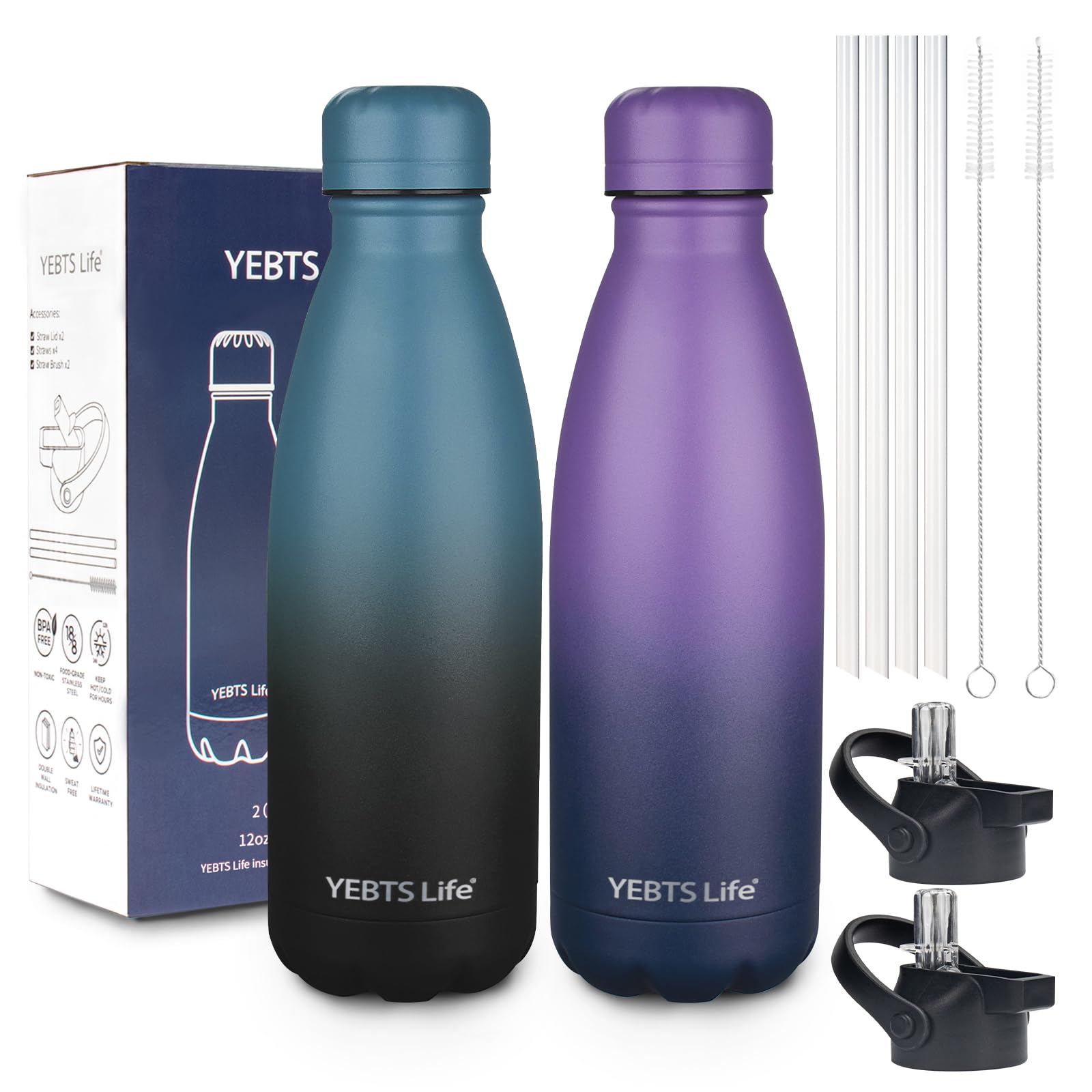 Insulated Water Bottle,12oz Stainless Steel Water Bottles with straw lid,Metal Sports Water Bottles for Boys,Girls,Double Wall Vacuum BPA-Free Flask for School, Sports & Travel-Sliver
