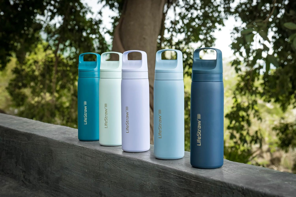 LifeStraw Go Series – Insulated Stainless Steel Water Filter Bottle for Travel and Everyday Use, Removes Bacteria, Parasites and Microplastics, Improves Taste, 18oz Aegean Sea