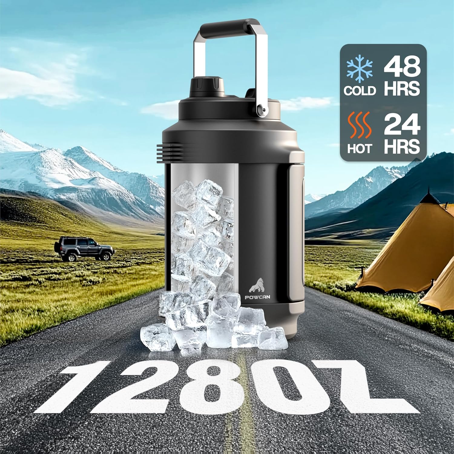 1 Gallon Insulated Water Bottle for Travel: 2-in-1 Straw Spout Lid, Dual Handle, Leakproof, Keep Cold 48H, 128oz Stainless Steel Water Jug for Gym, Biking, Road Trip, Work, Home, Picnic (Midnight)